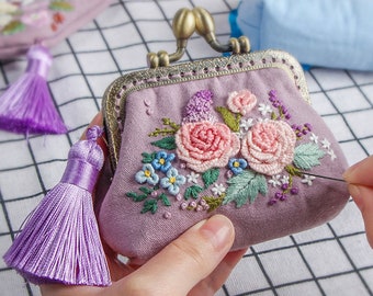 Embroidery Kiss Lock Bag Kit, Hand Embroidery Flower Kit, Sewing