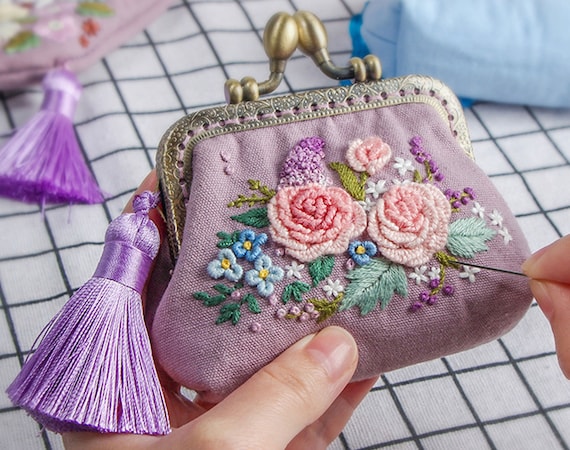 Buy DIY Embroidery Zipper Pouch Kit, Fabric Coin Purse, Hand Embroidery  Flower Blue Small Bag Kit,jewelry Bag Needlework Kit Online in India - Etsy