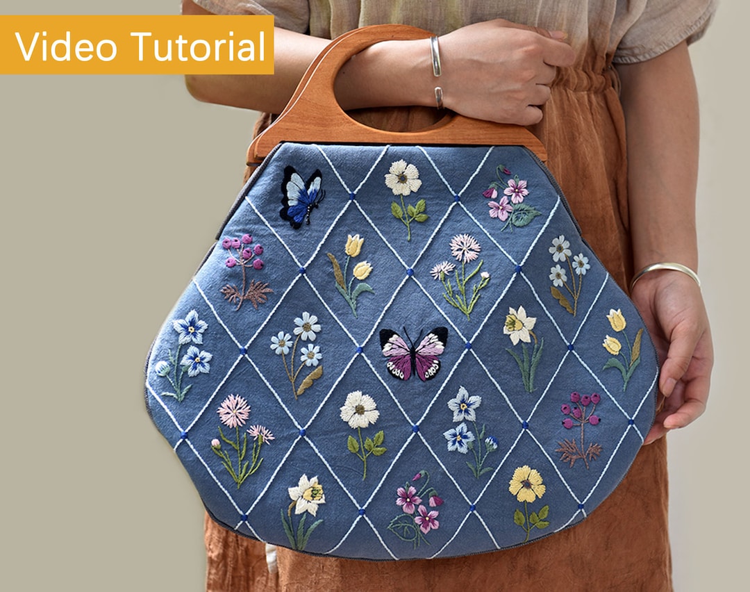 Flower Embroidery Bag Kit, Floral Women's Handheld Bag With Wooden