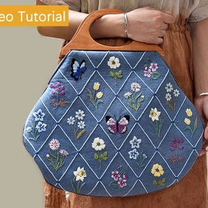 Kit per borsa con ricamo floreale, borsa da donna con manico in legno, kit per ricamo botanico con fiori di campo e tutorial video in inglese.