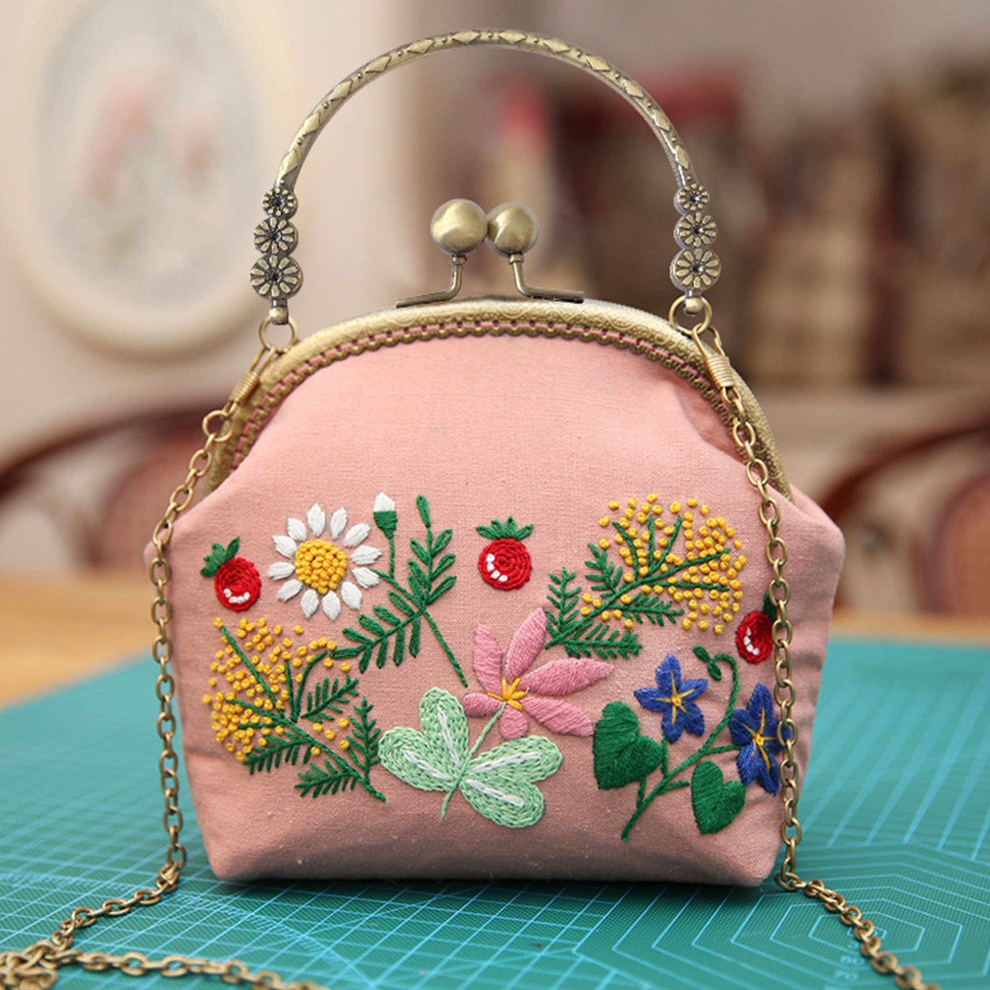 Embroidery Kiss Lock Handbag Kit With Pattern, Floral Flower