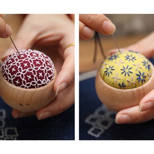 Embroidery Pin Cushion Kit,Japanese Sashiko Pincushion with Wooden Base,Hand Embroidery Kit for Beginners,Gift for Kniter,Sewer Crocheter image 8