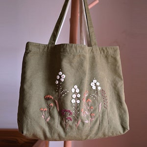 Hand Embroidered ArmyGreen Tote Bag, Oversized Floral Canvas Shoulder Bag, Flower Extra Large Bag, Wildflower Market Bag with Pockets