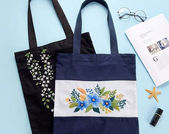 Kit de bordado para bolsa de algodón, kit de bolso de hombro con bordado de plantas y flores modernas para principiantes, bolsa de mano con patrón de bordado impreso