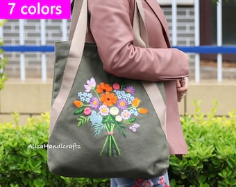 Christmas gift, Embroidery Shoulder Bag With Bouquet Pattern, Flower Embroidery For Beginner, Big Canvas Tote Bag Kit, Embroidered Handbags