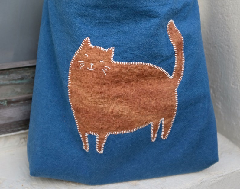 Summer Orange Kitten Patchwork Embroidered Shoulder bag, Hand Dyed Blue Crossbody Bag for Women, Lightweight Casual Cloth Tote Bag image 6