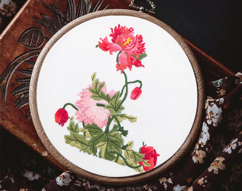 Red Peony Flower Hand Embroidery Kit Intermediate Chinese Etsy