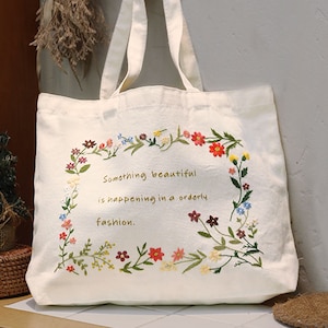 Blumen Tragetasche Anfänger Stickpackung, große Damen Schultertasche Handstickerei Kit, Markttasche, wiederverwendbare Stickeinkaufstasche-30 x 40 cm
