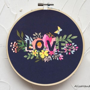 LOVE-Embroidery Kit, Flower and Letters, Valentine's Day Gift, Modern Embroidery Kit for Beginner, DIY Craft Kit Adults-8 Inch