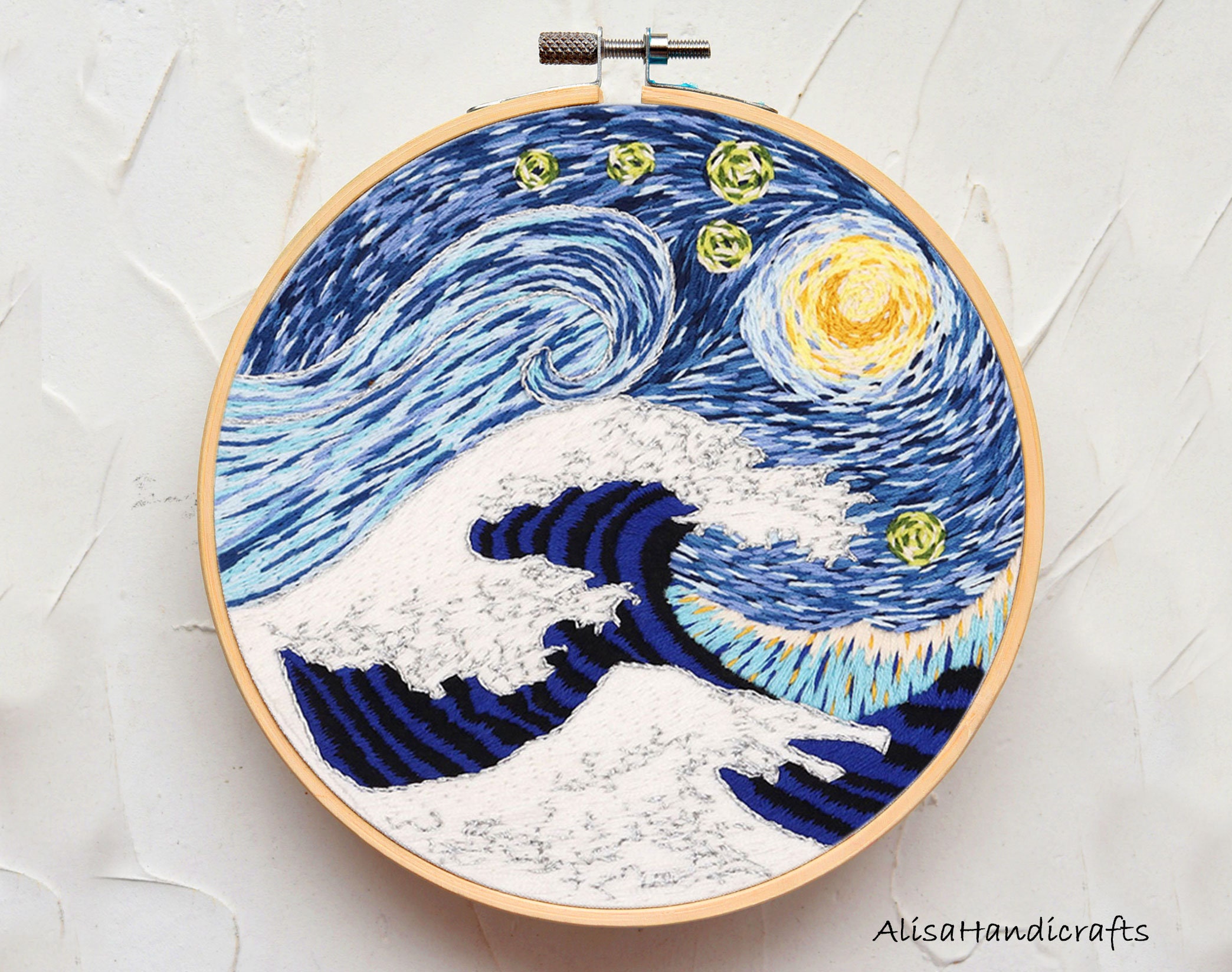 刺繍アート作品 星の夜と波 原画 一点物 刺繍風景キット、DIY刺繍アート、大人の手芸キット、星月夜と神奈川の