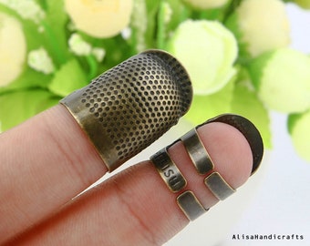 8 Pcs Sewing Thimble + 30 Pcs Sewing Needles, Finger Protector Fingertip  Thimble Adjustable Metal Bronze Sewing Thimble Rings and Leather Coin  Thimble for Needlework, Hand Embroidery Craft