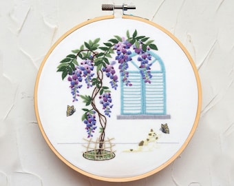 Purple Flowers Embroidery Kit for Beginners, Learn to Hand Embroidery Blooming Wisteria Flowers, Floral Pattern, Flowering Tree-10in