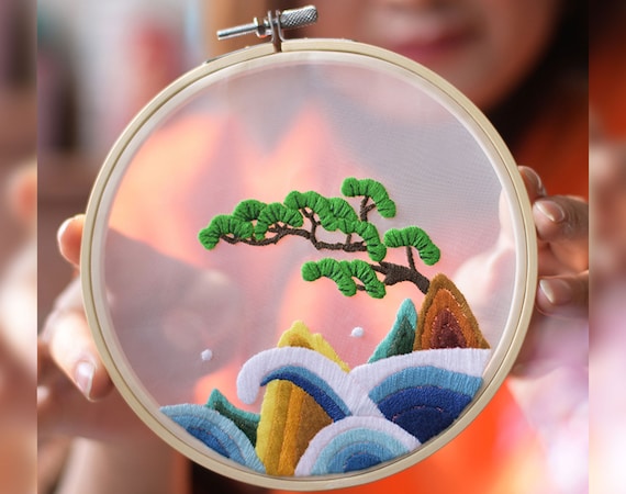 初心者向け透明刺繍キット、中国の風景刺繍パターン、オーガンザの禅