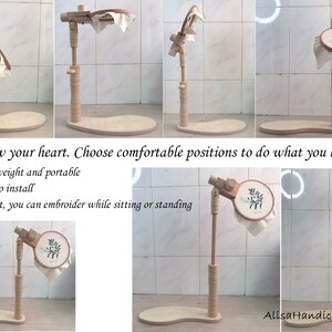 May include: A wooden embroidery hoop stand with a white fabric hoop and a green floral design. The stand is adjustable and can be used for embroidery, cross-stitch, or other needlework projects.  Follow your heart. Choose comfortable positions to do what you love -Lightweight and portable -Easy to install -With it, you can embroider while sitting or standing