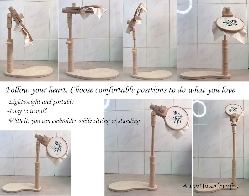 May include: A wooden embroidery hoop stand with a white fabric hoop and a green floral design. The stand is adjustable and can be used for embroidery, cross-stitch, or other needlework projects.  Follow your heart. Choose comfortable positions to do what you love -Lightweight and portable -Easy to install -With it, you can embroider while sitting or standing