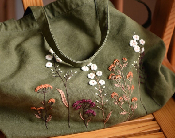 Flower Hand Embroidery Bag Kit, Oversized Army Green Women display picture 1