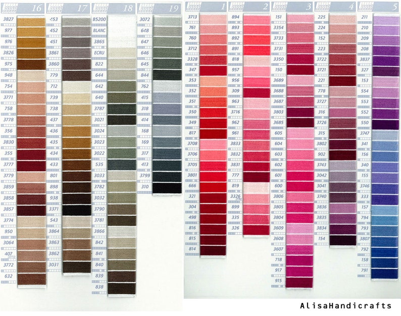 May include: A color chart of DMC embroidery floss with numbered spools of thread in various shades of red, pink, purple, blue, gray, brown, and beige. The chart is labeled with numbers 1 through 5 and 16 through 19.