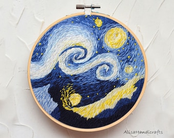 Modern Embroidery Landscape Kit, Fun Hand Embroidered Art, DIY Craft Kit Adults, Inspired By Van Gogh's Starry Night-8Inch
