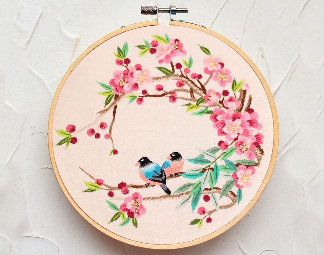Beginner Embroidery Kit, Bird Embroidery Pattern, Chinese Flower Full Kit,  DIY Floral Hand Embroidery Kit, Adult Craft Needlepoint Kit-8in