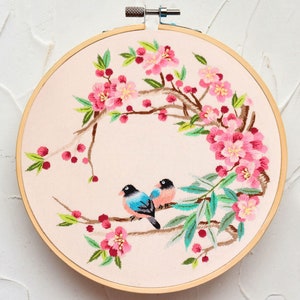 Beginner Embroidery Kit, Bird Embroidery Pattern, Chinese Flower Full Kit, DIY Floral Hand Embroidery Kit, Adult Craft Needlepoint Kit-8in