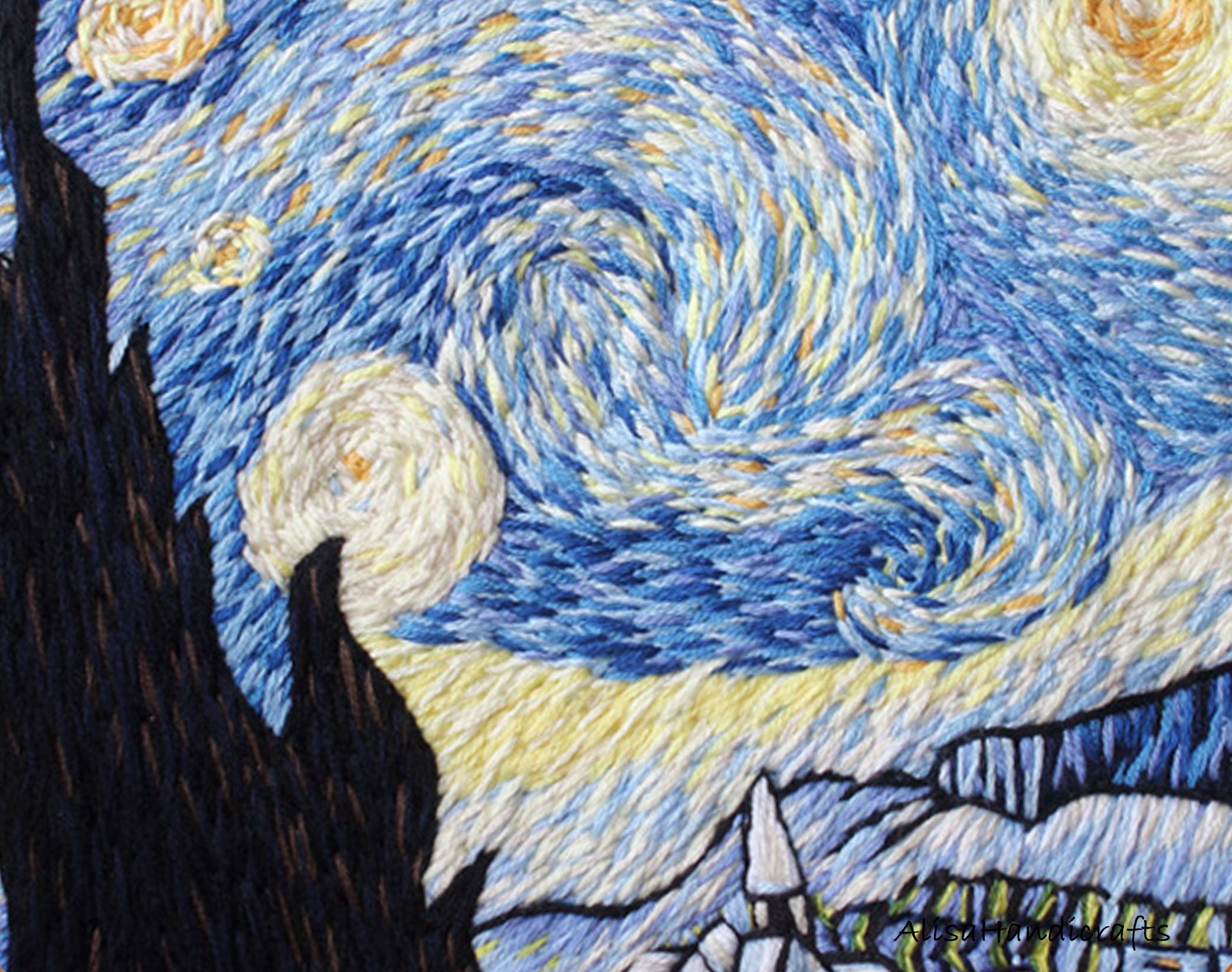 刺繍風景キット、DIY刺繍アート、大人の手芸キット、星月夜と神奈川の 