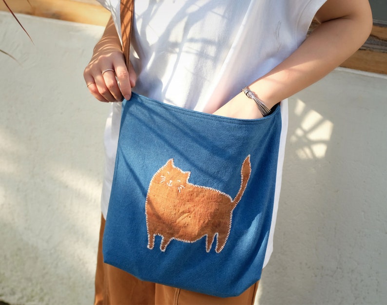 Summer Orange Kitten Patchwork Embroidered Shoulder bag, Hand Dyed Blue Crossbody Bag for Women, Lightweight Casual Cloth Tote Bag image 10
