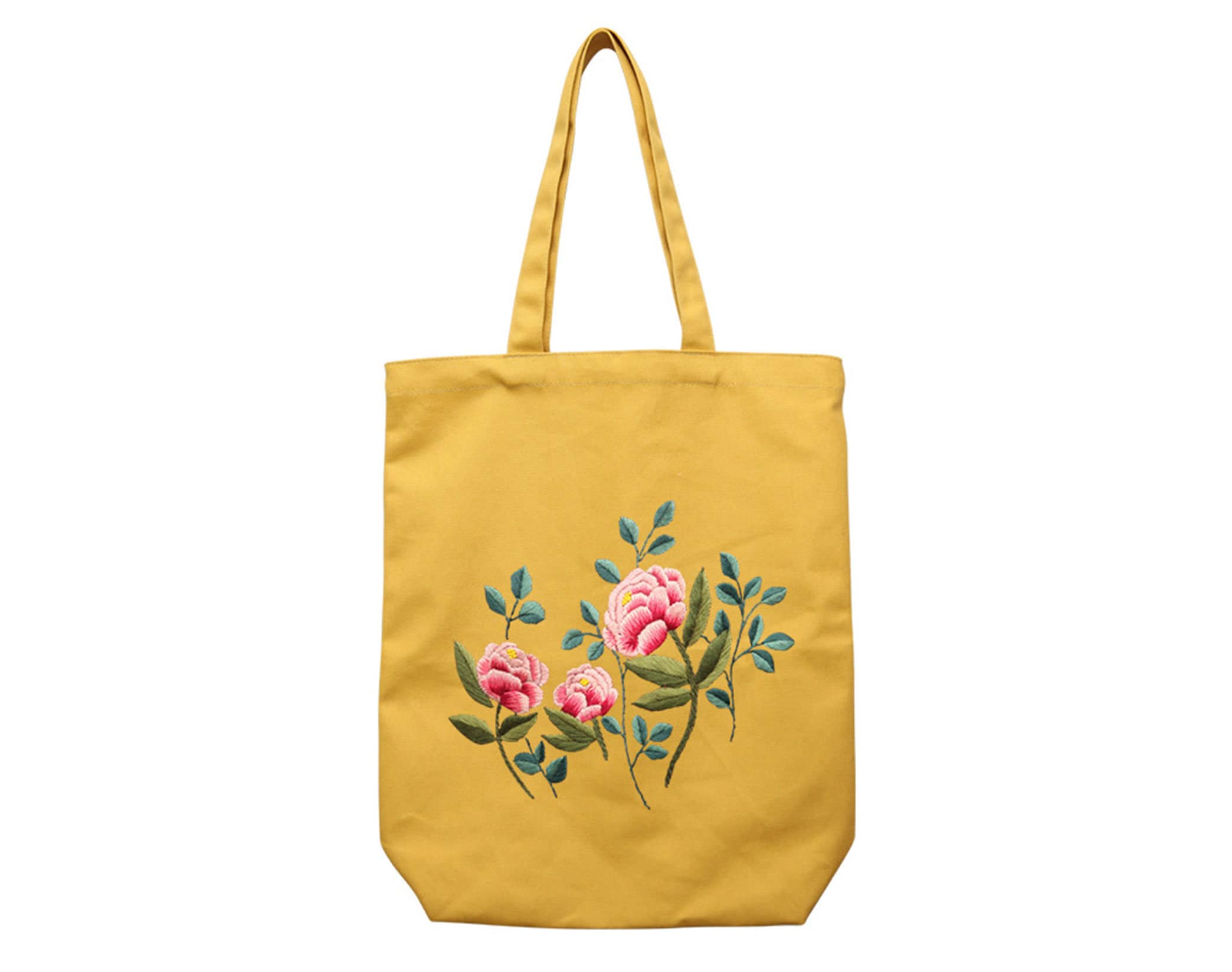 手刺繍のバラのショルダーバッグ、花の刺繍模様のキャンバストート