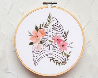 Human Organs and Flowers Embroidery Kit for Beginners, Lung/Brain/Floral Line Embroidery Art Hoop Art, Man and Nature Needlework Kit-8in
