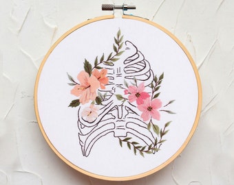 Kit de broderie d'organes humains et de fleurs pour débutants, cerceau d'art à broder sur les poumons/cerveau/ligne florale, kit de couture homme et nature - 8 pouces