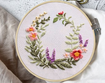 Beginner Embroidery Wreath Full Kit,DIY 3D Flowers Embroidery Craft Kit,Optional with frame kit,Starter Hand Embroidery Floral-8 In