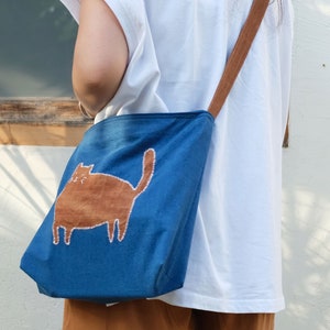 Summer Orange Kitten Patchwork Embroidered Shoulder bag, Hand Dyed Blue Crossbody Bag for Women, Lightweight Casual Cloth Tote Bag image 7