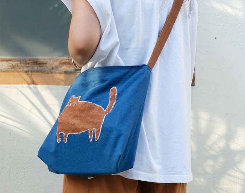 Summer Orange Kitten Patchwork Embroidered Shoulder bag, Hand Dyed Blue Crossbody Bag for Women, Lightweight Casual Cloth Tote Bag image 7