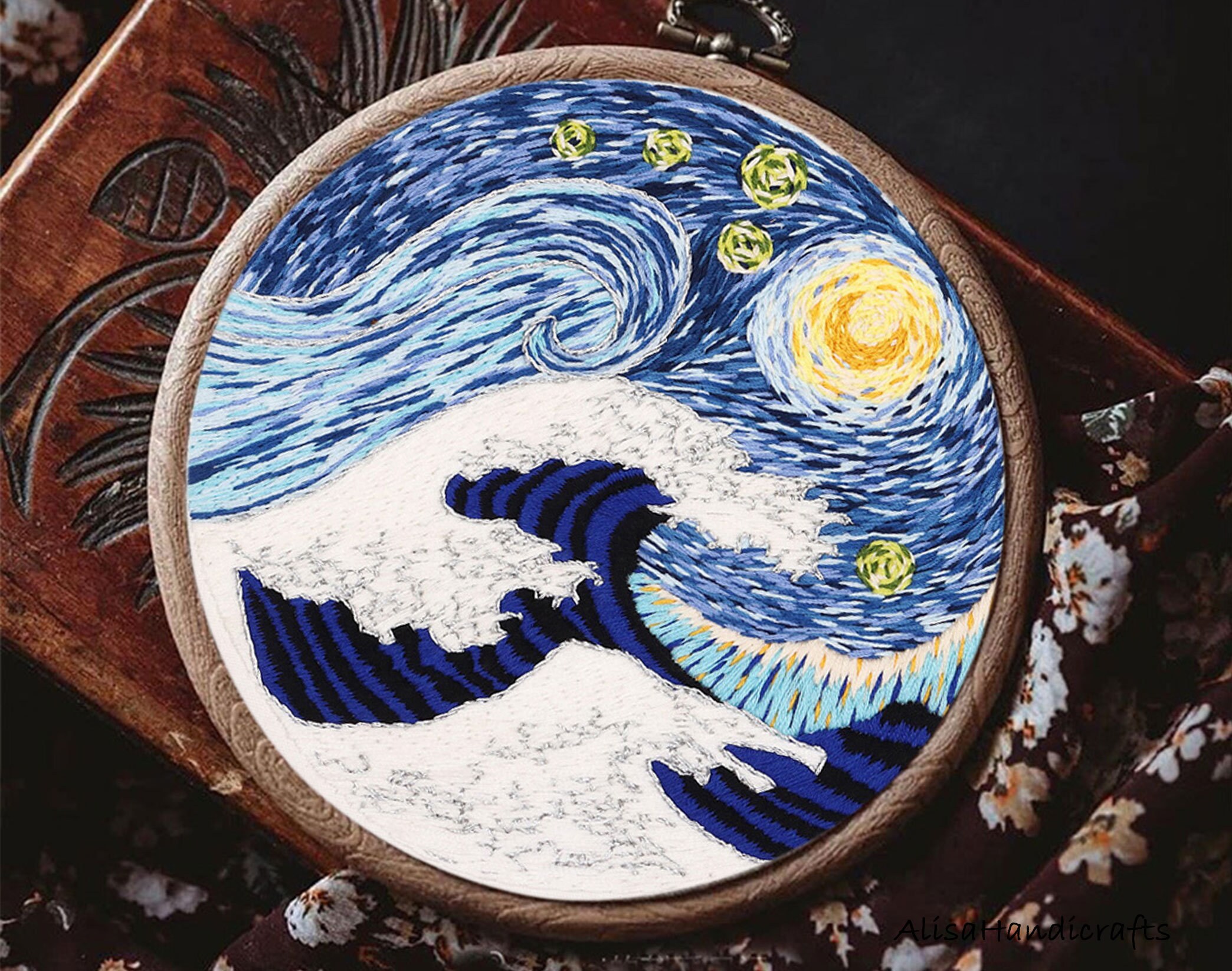 刺繍風景キット、DIY刺繍アート、大人の手芸キット、星月夜と神奈川の