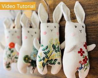 Hand Floral Embroidery Kit for Beginner, Rabbit Sewing Kit, Bunny Toy Embroidery, DIY Needlework Kit with Full Tutorials, Hand Crafting Kits