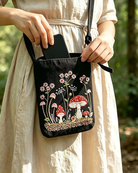Mushroom Pattern Hand Embroidery Bag Kit,Forest Fern Plant Embroidery Shoulder Bag Kit,Daily Small Crossbody Bag For Phone Tissues,Lipstick