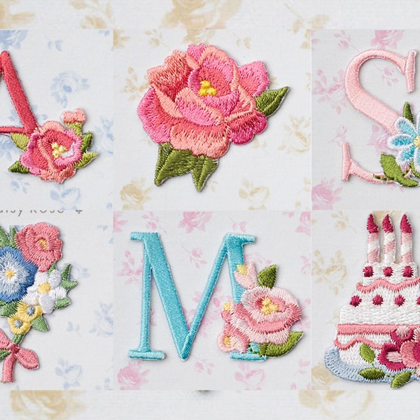 Embroidered Flower and Letter Iron on Patch,Sew on Pink Rose Applique Patches,Camellia Patch,Dessert Patch,Bird Patch for Shirts,Jeans Hat