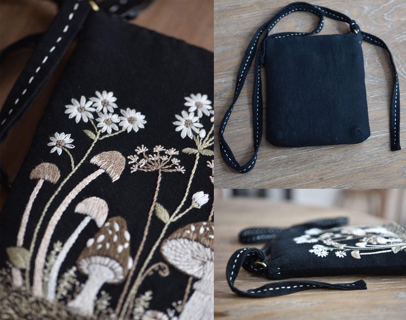 Mushroom Pattern Hand Embroidery Bag Kit,Forest Fern Plant Embroidery Shoulder Bag Kit,Daily Small Crossbody Bag For Phone Tissues,Lipstick image 9