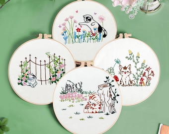 Einfache süße Katze und rosa Blume Stickerei Kit, Anfänger Blumen Handstickerei Kit, Kinder lernen Stickerei Material Set, Nähen Kit-8 Zoll