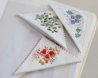 Spring Flowers Bookmark Embroidery Kit,Beginners Plant Hand Embroidery,Floral Triangle Page Corner Bookmarks Making Kit,Gift for Book Lovers