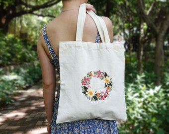 初心者向けの花と鳥の刺繍バッグキット、花柄キャンバストートバッグ
