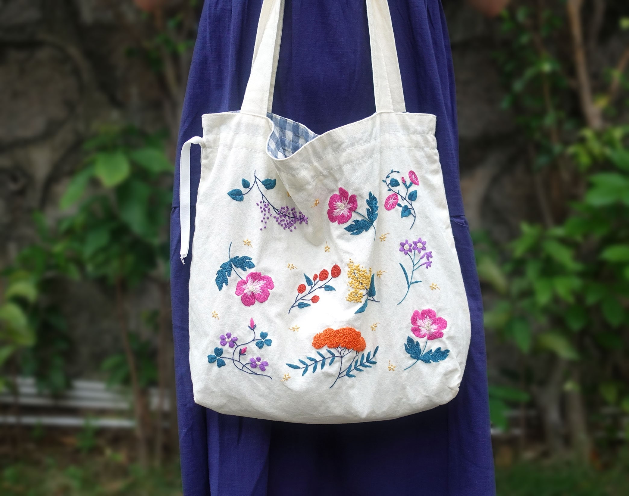 Embroidered Patch Tote Bag Flower Bouquet Tote Bag Canvas 