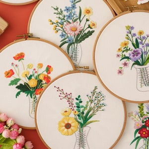 Beginner Hand Embroidery Full Kit, DIY Handcraft Kit For Adults, 2020 Holiday Gift, Modern Embroidery Flower Kit,Wildflower Bouquet-8 Inch