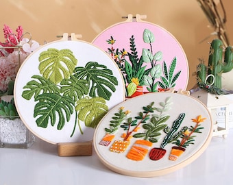 Kit de bordado para principiantes de plantas verdes en maceta, kit de bordado a mano de cactus y monstera, kit de bordado botánico moderno para principiantes, kits de manualidades DIY de 8 pulgadas