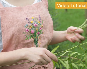 Embroidered Linen Cotton Apron, Kitchen, Cooking, Florist, Gardening Apron, Gift for Her-DIY Kit or Finished