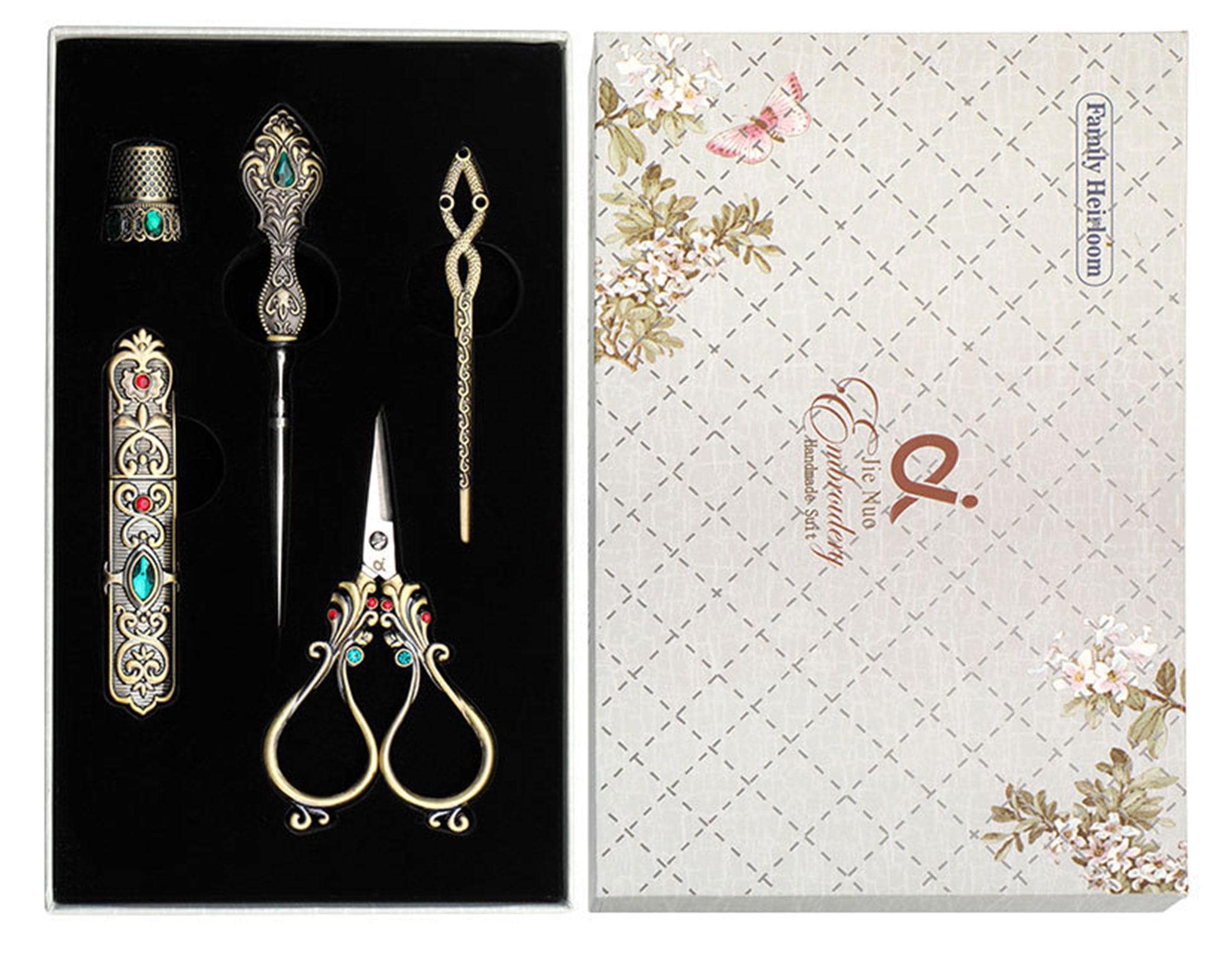 5点ビクトリア朝の裁縫道具セット、はさみ、指ぬき、ヴィンテージ針