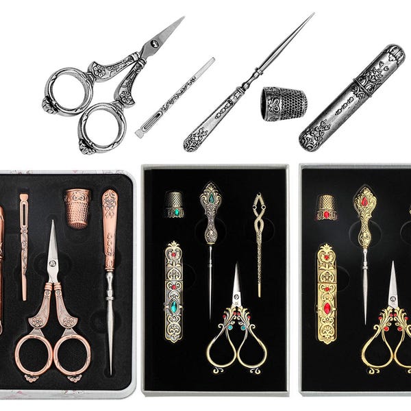5 PCS Victorian Sewing Tool Set with Scissor Thimble,Vintage Needlework Kit,Sewing Case,Antique Embroidery Scissor,Gift for Sewing Lovers