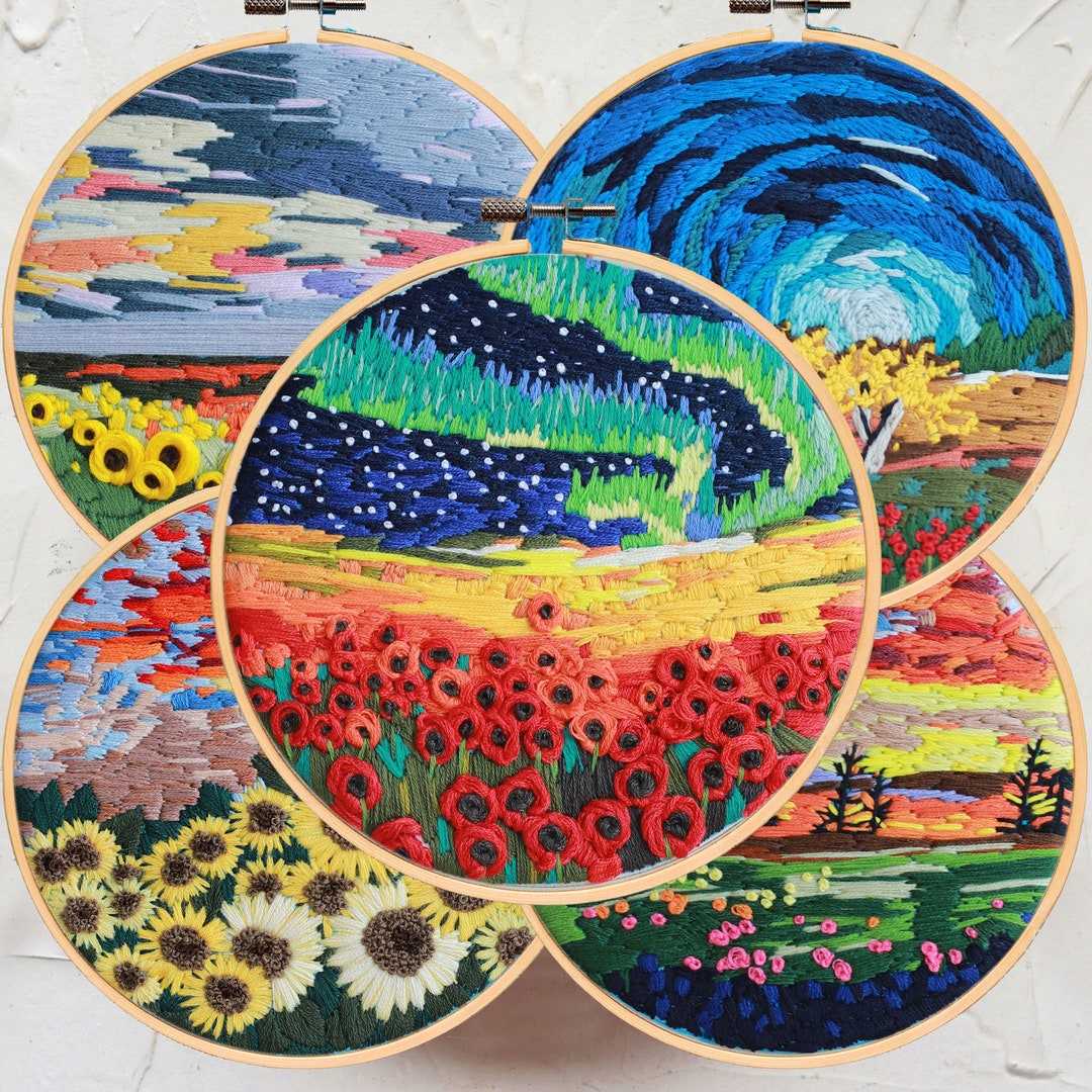 Northern Lights Landscape Embroidery Kit, Bright Colors Sunset Sky ...