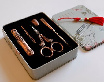 5 PCS Victorian Sewing Tool Set with Scissor Thimble,Vintage Needlework Kit,Sewing Case,Antique Embroidery Scissor,Gift for Sewing Lovers