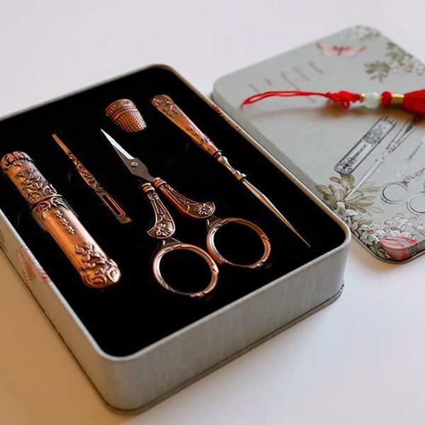 5 PCS Victorian Sewing Tool Set with Scissor Thimble,Vintage Needlework Kit,Sewing Case,Antique Embroidery Scissor,Gift for Sewing Lovers