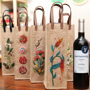 Cabas à vin brodé à la main, cadeau vin, pochette à vin, accessoires pour le vin, sac à vin pour décoration de fête, idée cadeau pour amateur de vin, cadeau de Noël